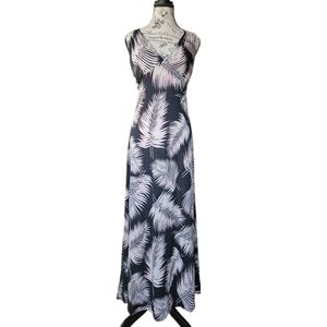 India Boutique- Padded Black Maxi Dress W- Pink & White Fern Leaf Print